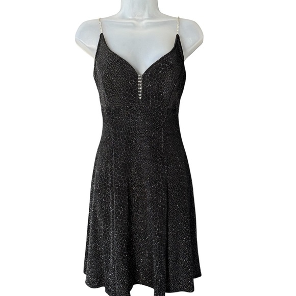90s Bari Jay Rhinestone Velour Mini Dress Small Black Glitter Whimsigoth Y2K - Picture 2 of 10